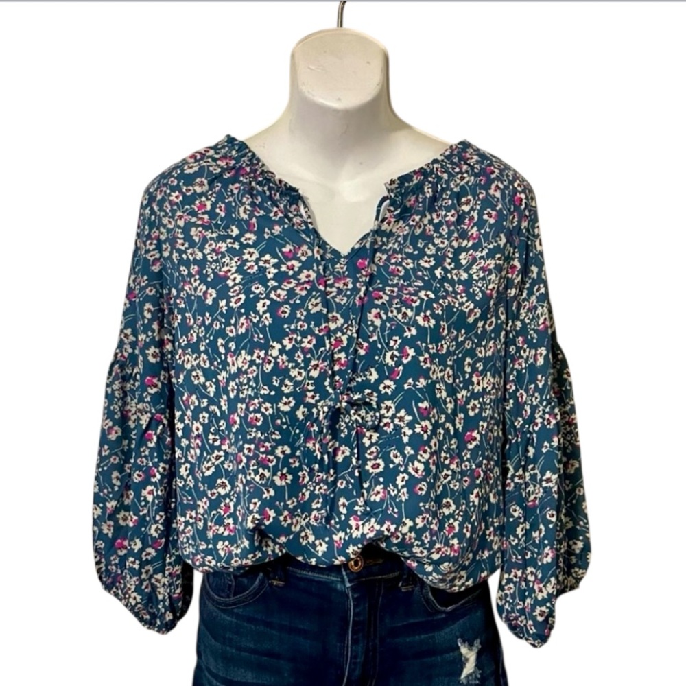 Sienna Sky Blue Pink Puffy Sleeve Floral BoHo Peasant Blouse Sz S